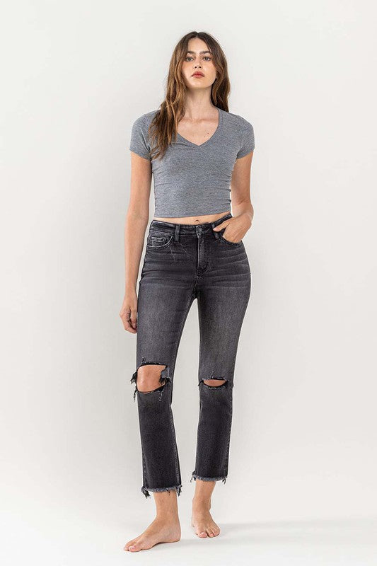 Vervet High Rise Stretch Distressed Crop Slim Straight - Black / 26